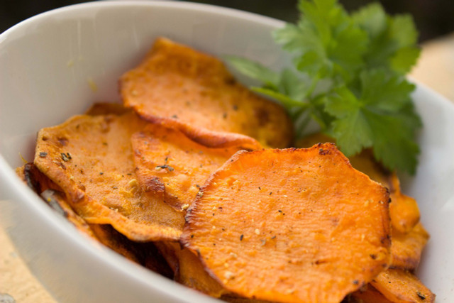 Try some sweet potato chips for a healthy dose of beta carotene.