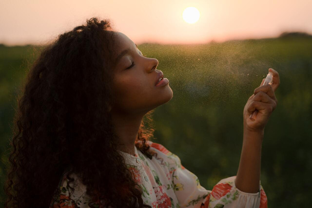 Spritz rose water on your face for a refreshing pick-me-up.