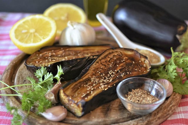 Sprinkle your roasted eggplant with sesame seeds — a topping that is low FODMAP if served with no more than one tablespoon.  