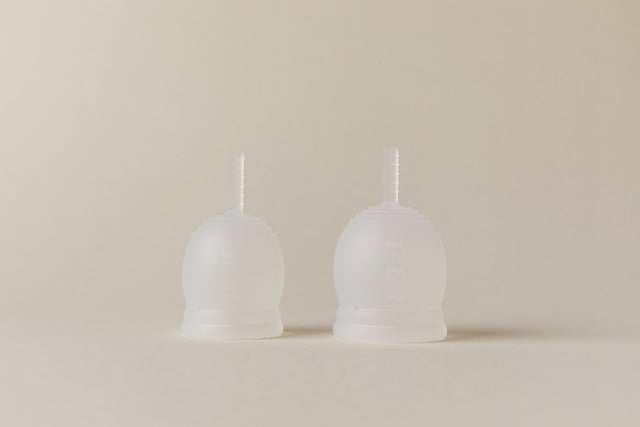 A menstrual cup is inserted into the vagina and collects your blood.