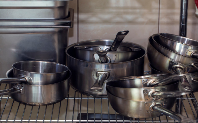 Stainless-steel pots and pans can go in the dishwasher.