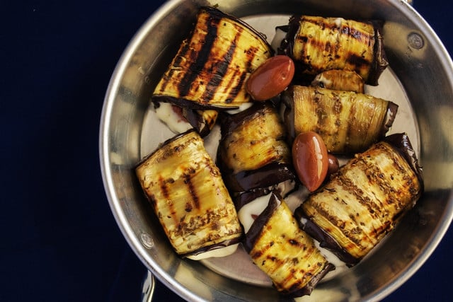 Roast eggplant goes well with vegan stuffing.