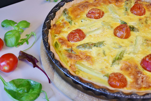 Asparagus goes well in a vegan quiche made with tofu as an egg sustitute.