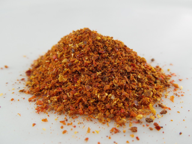 Gochugaru is a staple spice made from sun-dried chile peppers, which adds a smokey flavor to steamed eggplant.