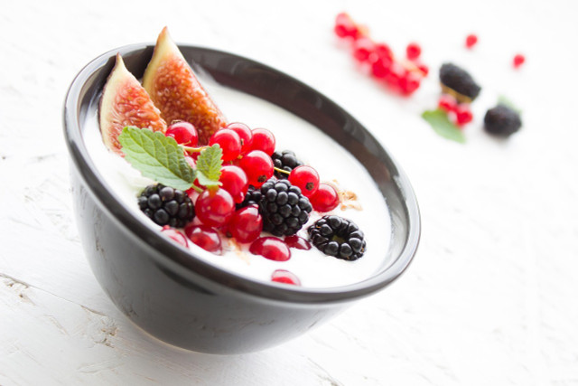 Yogurt can be incorporated into a breakfast fruit bowl.