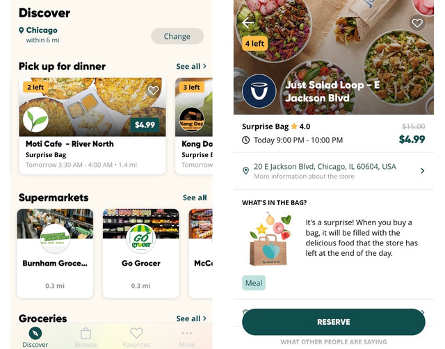 Once you have the Too Good to Go app, scroll down to see food options by categories; supermarkets, groceries, dinner options, and more!