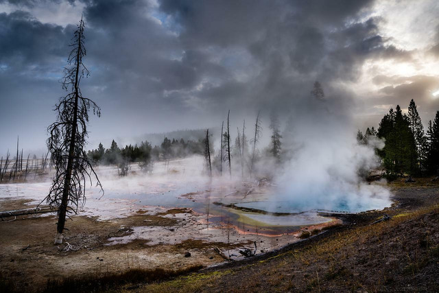 A geyser at Yellowstone National Park in Wyoming, USA producing geothermal energy. 
