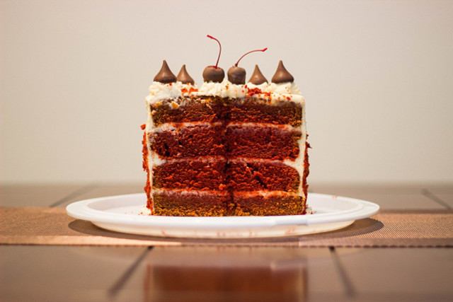The more layers the better for a decadent vegan red velvet cake. 