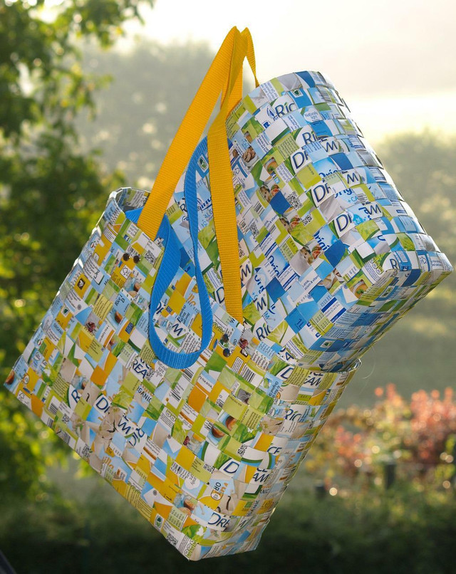 Plastic bags can be reused and woven into tote bags or baskets.