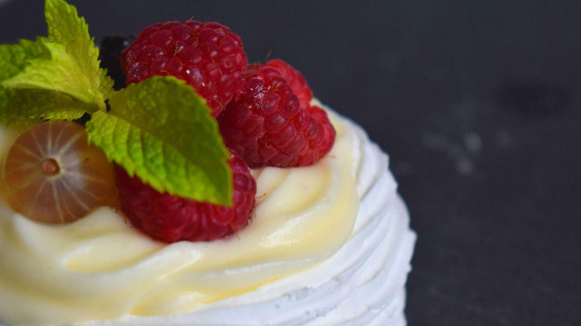 Gooseberry ice cream can be served in a mini vegan meringue.