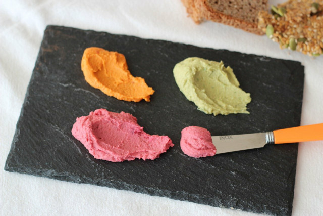 Get creative and make a colorful assortment of dips with a variety of ingreidents.  