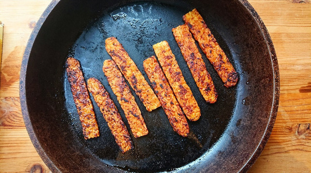 Fry or bake until the tempeh bacon is as crisp as you like.
