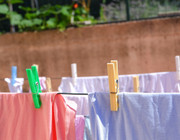 Laundry drying on a clothes line on a sunny day.