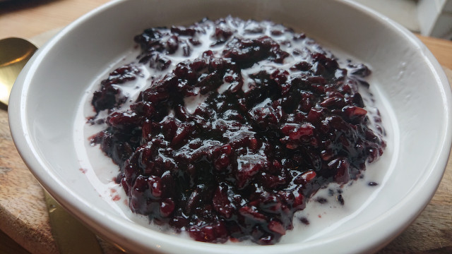 Black rice pudding with salted coconut cream makes a great desert or breakfast.
