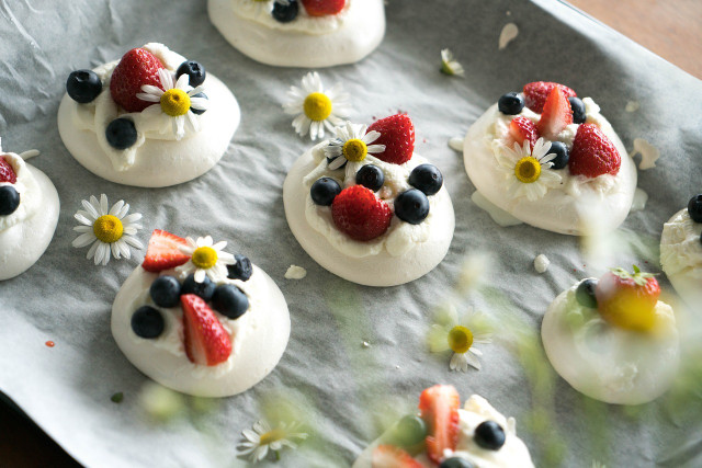 Add some fruit and whipped vegan cream for sweet mini pavlovas!