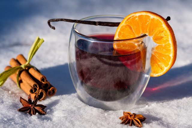 Mulled gluhwein is usually served with cinnamon and oranges, which makes it the perfect vegan holiday drink.