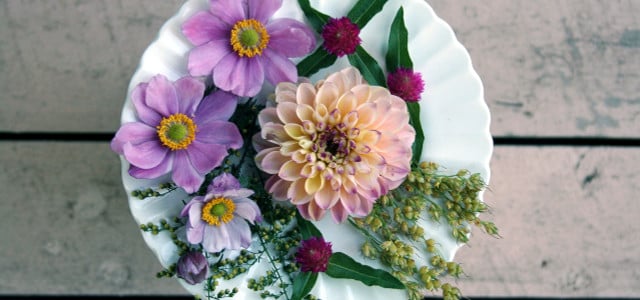 A white plate on a slatted wooden table. Flowers are on the plate.