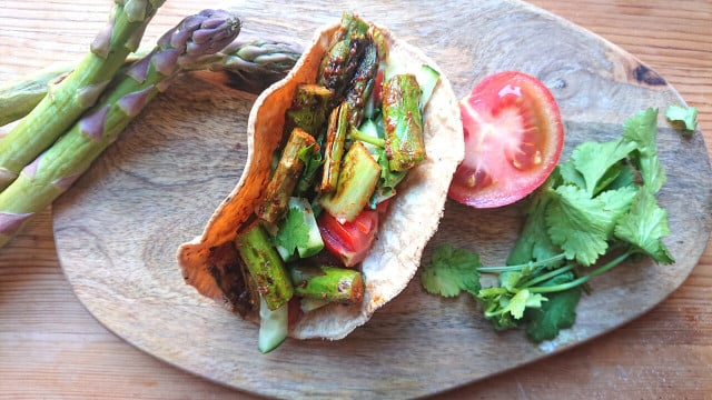 Asparagus makes for a simple and delicious shrimp alternative i a sandwich or a taco.