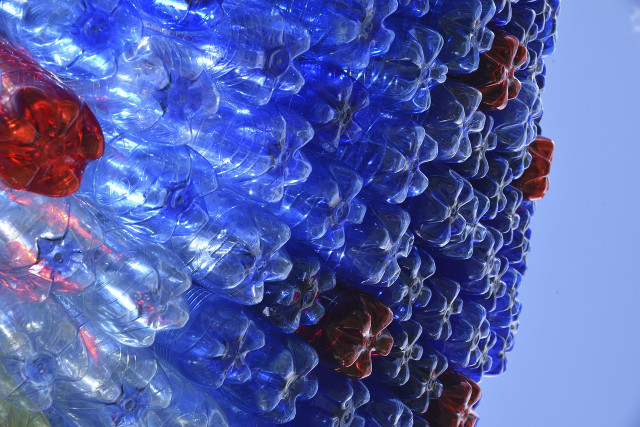 A sculpture is a way of reusing plastic bottles creatively.
