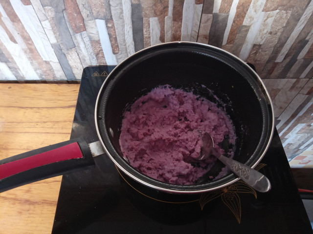 The ube will darken in color when cooking.
