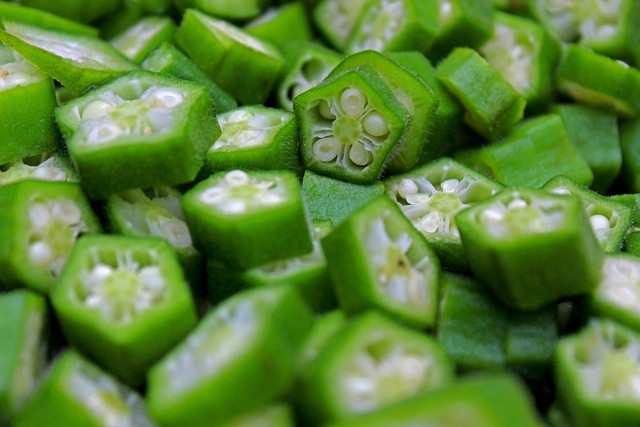 Okra can be cooked whole or chopped.