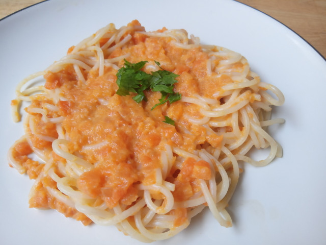 Carrot pasta is sweet and healthy.